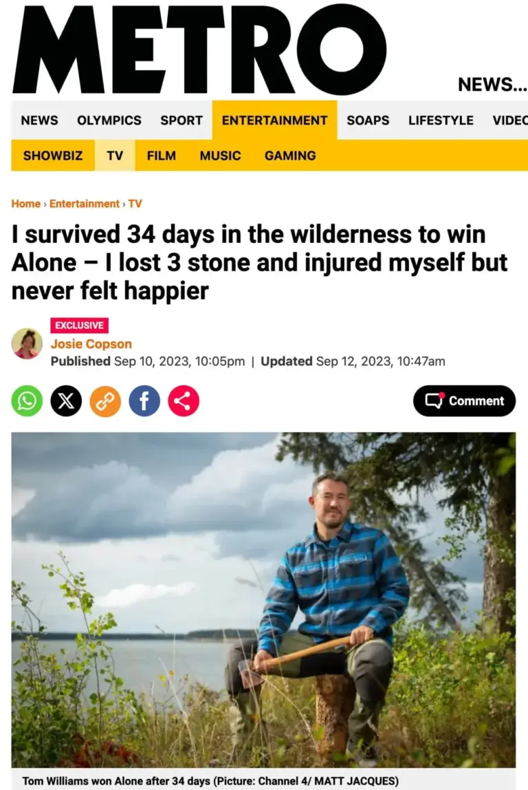 Tom Williams, Alone winner, in wilderness. "I survived 34 days," Metro article.